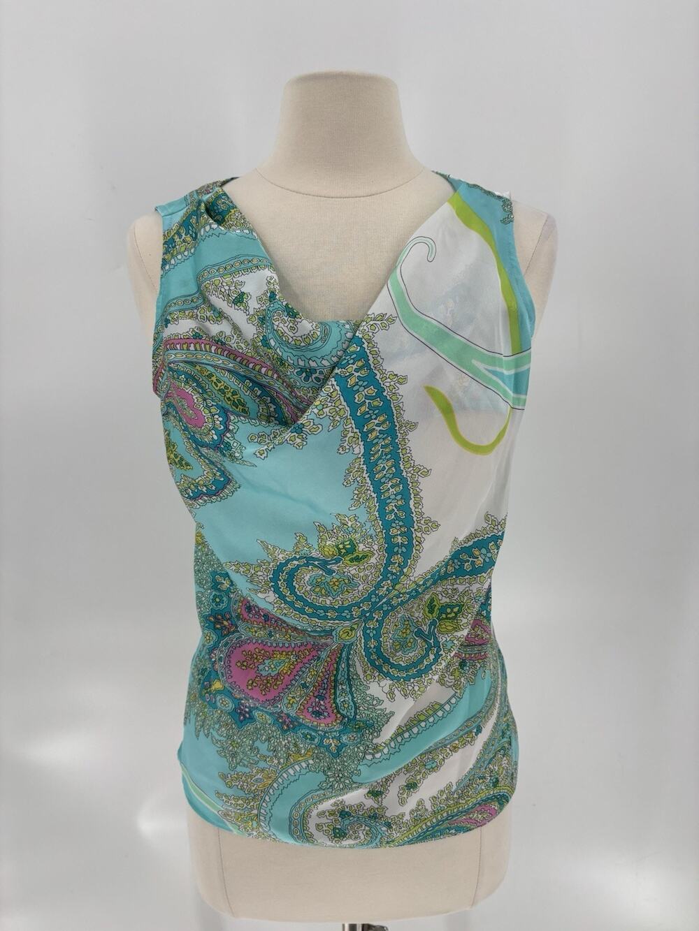 Vintage Allison Taylor Blouse Womens Medium Blue Paisley Satin Cowl Sleeveless